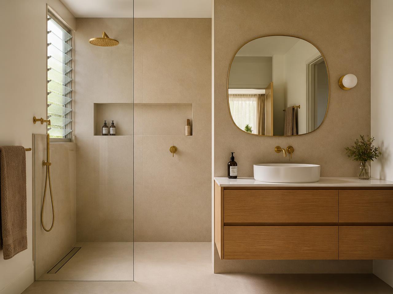 Afgewerkte badkamer met beige tegels en eiken meubel