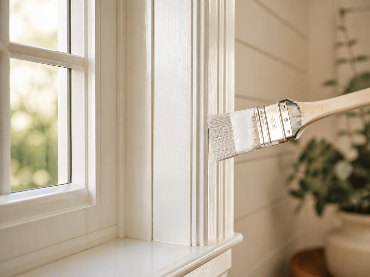 Vers geschilderd kozijn met kwast in een afgewerkte kamer